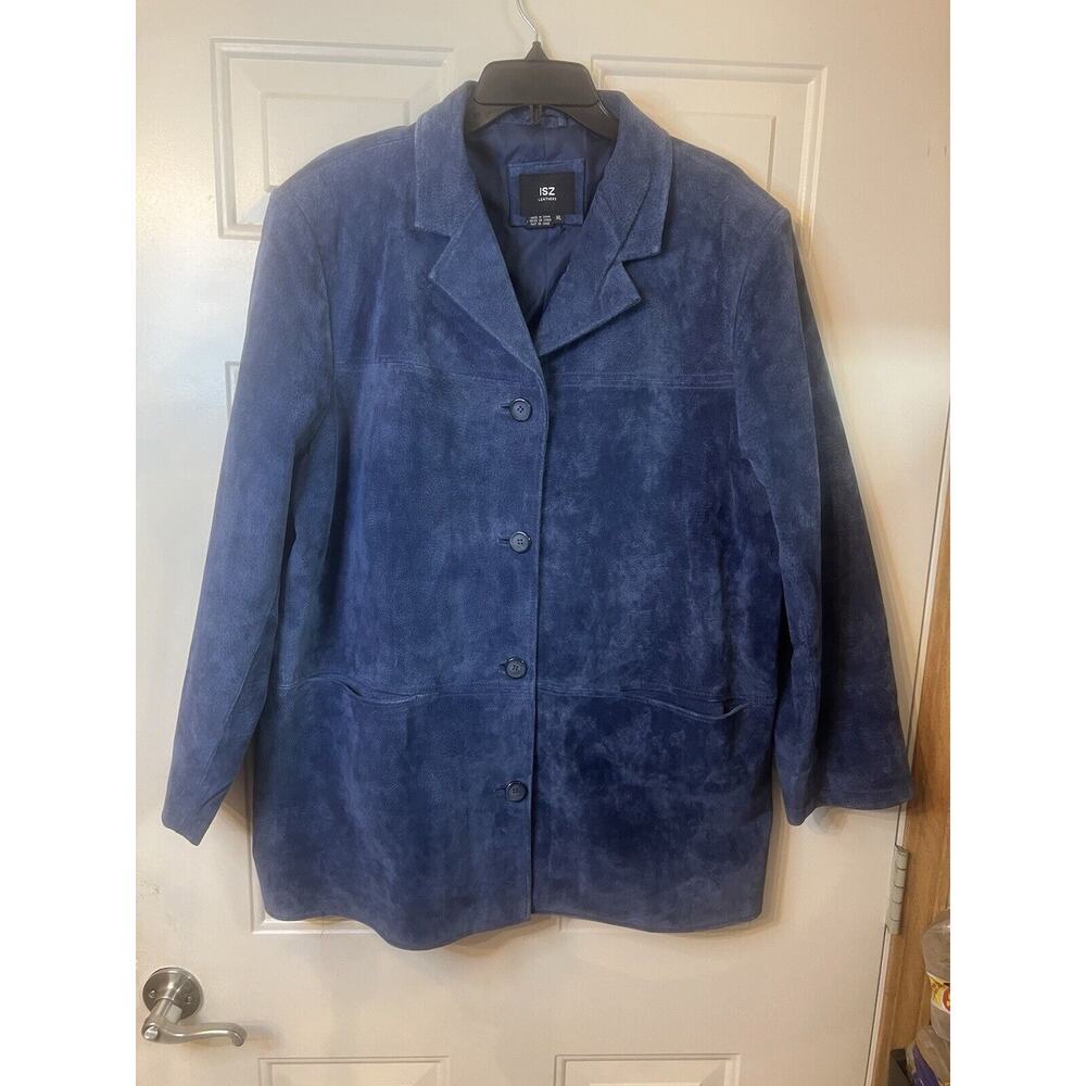 ISZ Women’s Suede Leather Jacket Blue Size XL Parka Coat 100% Genuine Button